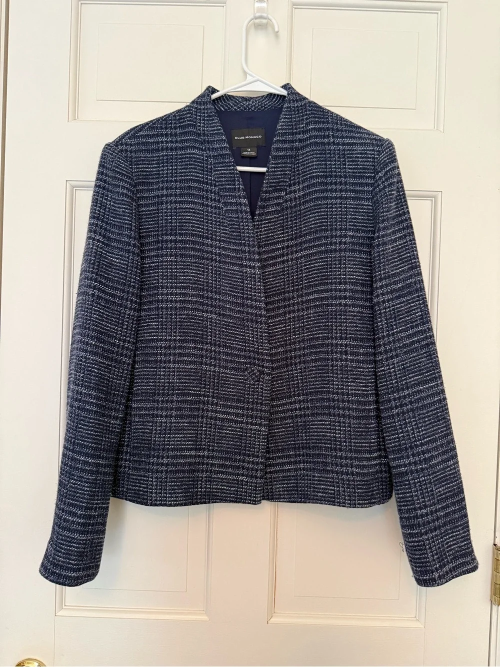 Club Monaco Navy Plaid Tweed Open-Front Blazer Jacket